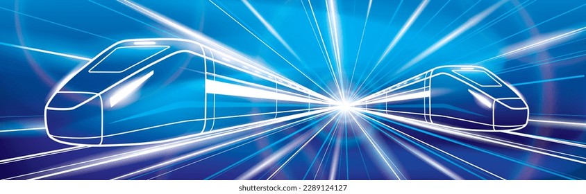 Outline trains in motion, locomotive move, neon glow lights, dynamic transportation illustration, vector lines design art