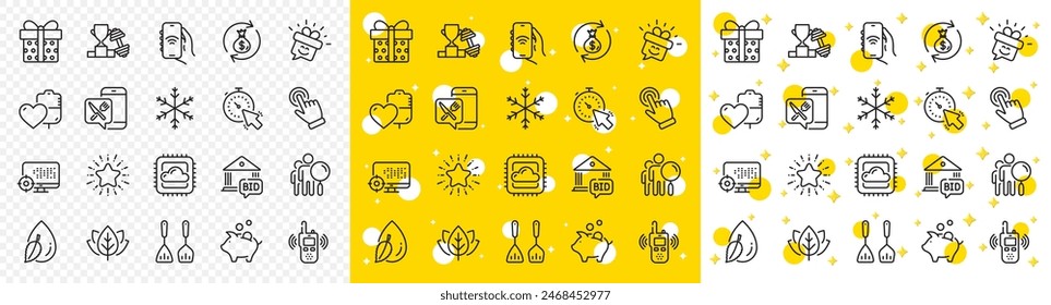Transmisor de contorno, temporizador y copo de nieve línea iconos paquete para el Web con Cursor, gota de agua, App de alimentos línea icono. Cambio de dinero, Cubiertos de cocina, Icono de pictograma estrella. Caja de regalo, alcancía. Vector