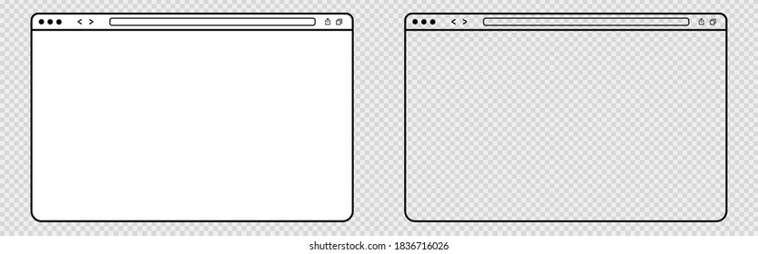 Outline transparent web browser. Isolated blank website page. Computer browser mockup frame on transparent background. Webpage interface with white background. Simple design. Vector EPS 10