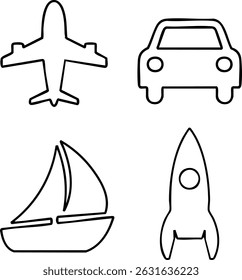 Outline Transport Icons Vector Set – Minimalist Line Art Symbols of Airplane, Car, Boat, Rocket for Travel, Mobility, and Navigation Design