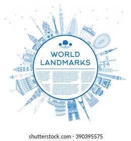 Outline travel concept around the world with famous international landmarks. Vector illustration with copy space. Business or tourism travel concept with place for text. Illustration for banner