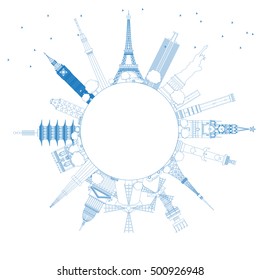 Outline Travel Concept Around the World with Famous International Landmarks. Vector Illustration. Business and Tourism Concept with Copy Space. Image for Presentation, Placard, Banner or Web Site.