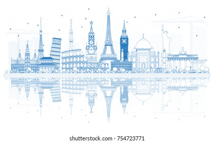 Outline Travel Concept Around the World with Famous International Landmarks. Vector Illustration. Business and Tourism Concept. Image for Presentation, Placard, Banner or Web Site.