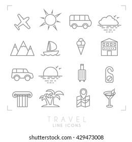 Outline travel line icons set. Airplane, sun, bus, cloud horizon, mountains, yacht, hotel, rent car, luggage, do not disturb message, ionic column, palms, map with points, cocktail and ice cream.