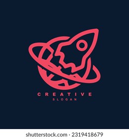 Outline traveling rocket spaceship logo design worldwide vector illustration