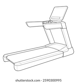 Outline Treadmill running machine. Fitness, cardio, and muscle building machines, equipments set at gym. Workout and training concept. Vector illustration.
