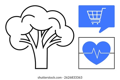 Outline tree, blue shopping cart inside speech bubble, and blue heart with a heartbeat line. Ideal for environment, health, online shopping, sustainability, wellness, commerce, medical concepts. Line