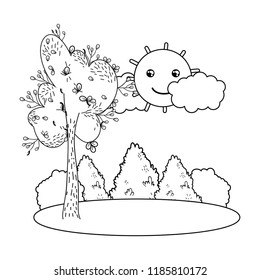 outline tree with bushes and kawaii sun landscape