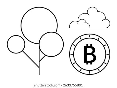 Outline tree with circular branches, fluffy cloud, and Bitcoin symbol in a coin outline. Ideal for themes like finance, nature, technology, investments, environment, sustainability, innovation. Line