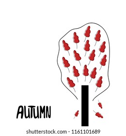 Outline tree foliage with red oak leaves. Vector illustration about fall season. Autumn hand drawn lettering.