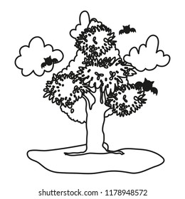 outline tree leaves with dark clouds and bats
