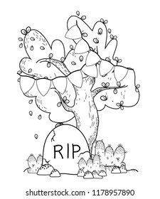 outline tree with party flags and rip stone