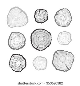 Outline tree rings set. Black saw cut tree trunk on white background.