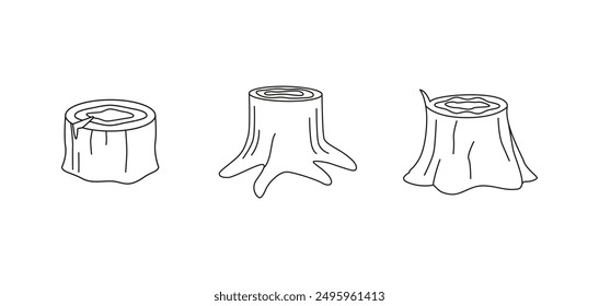 Outline tree stumps. Forest. Line art. Black and white. Contour. Editable stroke. Coloring page.