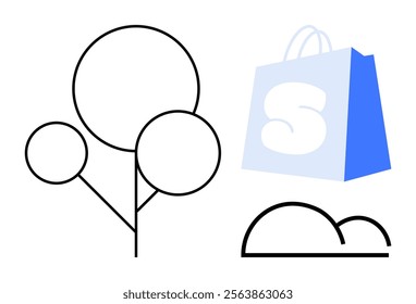 Outline of a tree with three round shapes, a blue shopping bag with letter S, and a black cloud outline. Ideal for nature, shopping, weather, minimalism, simplicity