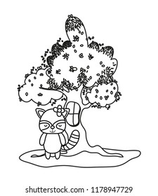 outline tree with window and adorable raccoon wild animal