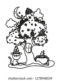 outline tree window and cat with hat and pot cauldron