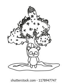 outline tree with window and cute panda wild animal