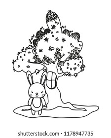 outline tree with window and cute rabbit wild animal