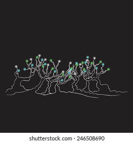 The outline of trees isolated on black background. Vector illustration of nights wandering lights. Fairy tale forest.