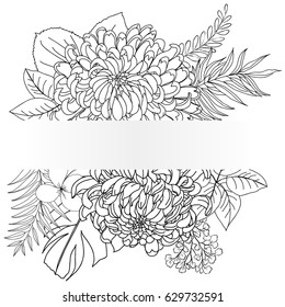 Outline Trendy Tropical and Exotic Plants Vector Illustration with place for your text. Frame Design with Leaves and  Chrysanthemum flower