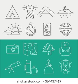 Outline trendy web icon set - summer camping, outdoor, travel. Camping, Hiking, Nature & Outdoor Activities icons