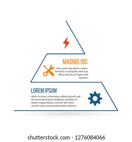 Outline triangle infographic element. Linear flat chart, diagram, scheme, graph with 3 steps, options, parts, processes with extra icons. vector illustration isolated on white background.