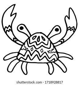 Outline tribal crab on white isolated backdrop. Pagurian for invitation and gift card, tattoo parlor or seafood store logo, bath tile. Phone case or cloth print. Doodle style stock vector illustration
