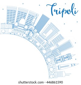 Outline Tripoli Skyline with Blue Buildings and Copy Space. Vector Illustration. Business Travel and Tourism Concept with Historic Buildings. Image for Presentation Banner Placard and Web.