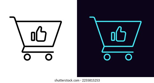 Icono del carrito del carro del contorno, con trazo editable. Carrito de compras con el signo de la mano "Me gusta", mejor compra pictograma. Aprobación mano arriba, compra de beneficios, compras en línea. Icono de vector para animación