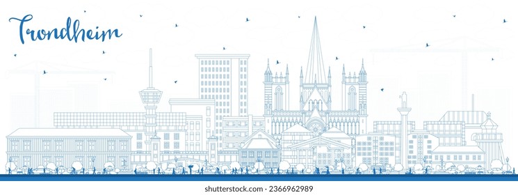 Esbozar el perfil de la ciudad de Trondheim en Noruega con edificios azules. Ilustración vectorial. El paisaje urbano de Trondheim con monumentos. Concepto de viajes de negocios y turismo con arquitectura histórica.