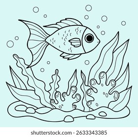Outline Tropical Fish with algae and corals on seabed. Guppy goldfish. Coloring Page. Line drawing. Vector illustration. Kids collection 