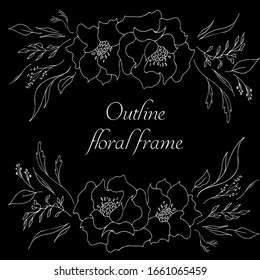 Outline tropical floral frame isolated on black. Retro flowers hand outline orchid, great design for any purposes. Vector illustration. Tropical plant for coloring book. Design elements