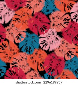 Outline of tropical leaves on a dark background with an insert of multicolored figures.  Colorful tropical hawaiian summer motif. Dense jungle.