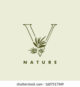 Outline Tropical Nature Letter V Logo icon, vector design concept abstract nature leaf with letter.