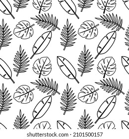 Outline Tropical seamless pattern with palm tree, monstera and banana leaves drawn with contour lines against pink stains on white background