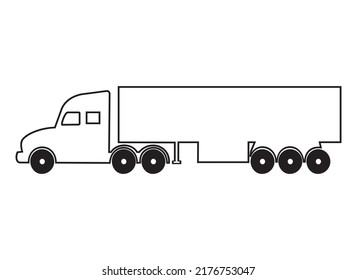 Outline Truck From A Profile Graphic Design Simple Drawing. Big Vehicle With A Big Trailer Transporting Heavy Lorry Silhouette Sign. Delivery Business Car Full Of Cargo In Container Ready To Ride.