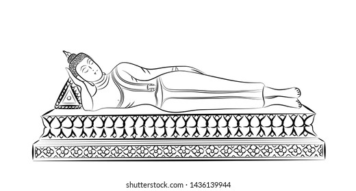 Outline The Tuesday Buddha image is lying on his right side head resting on his arm toes even.