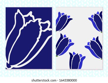 Postal de esquema tulipán para 8 de marzo de vacaciones. Diseño botánico de arte impreso en estilo creativo. Montaje floral de primavera. Fondo azul marino para tarjeta de invitación. Ilustración vectorial de existencias