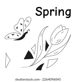 Outline tulip, butterfly. Spring lettering. Doodle Black and white geometric vector illustration. Design for card, poster, scrapbooking, banners, notebook cover, social media post.