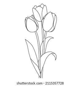 Outline a tulip flower with a stem and leaf