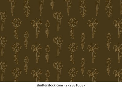 Patrón de tulipán en fondo marrón oscuro floral