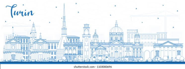 Outline Turin Italy City Skyline with Blue Buildings. Vector Illustration. Business Travel and Tourism Concept with Modern Architecture. Turin Cityscape with Landmarks.