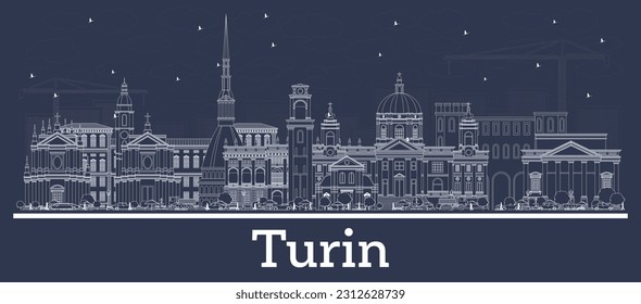 Outline Turin Italy City Skyline with White Buildings. Vector Illustration. Business Travel and Tourism Concept with Modern Architecture. Turin Cityscape with Landmarks.