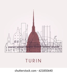 Outline Turin skyline with landmarks. Vector illustration. Business travel and tourism concept with historic buildings. Image for presentation, banner, placard and web site.