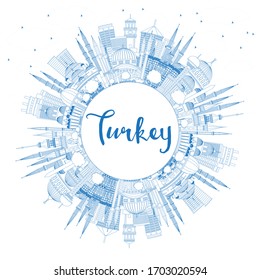 Outline Turkey City Skyline with Blue Buildings and Copy Space. Vector Illustration. Tourism Concept with Historic Architecture. Turkey Cityscape with Landmarks. Izmir. Ankara. Istanbul.