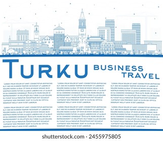 Outline Turku Finland city skyline with blue buildings and copy space. Vector illustration. Turku cityscape with landmarks. Business travel and tourism concept with modern and historic architecture.