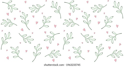 Outline twigs, branches with leaves on a white background with small hearts. Spring endless texture. Vector seamless pattern for wrapping paper, packaging, wrapper, cover, surface texture or wallpaper