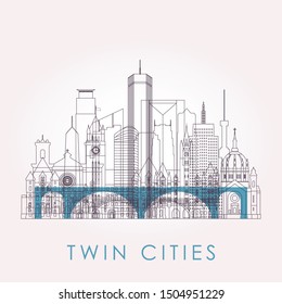 Outline Twin cities skyline with landmarks. Vector illustration. Business travel and tourism concept with historic buildings. Image for presentation, banner, placard and web site.