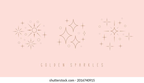 Outline twinkle Stars. Golden Sparkles. Various shapes. Minimalistic Icons. Elegant thin line simple geometric design. Party, celebration concept. Trendy Vector set. All elements are isolated on pink